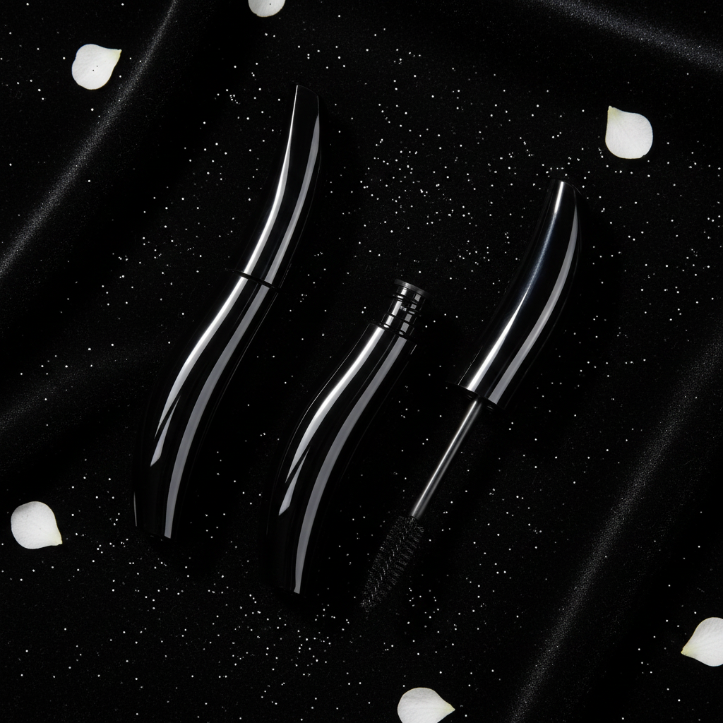 LYH004 mascara tube flatlay on black velvet with silver glitter and orchid petals
