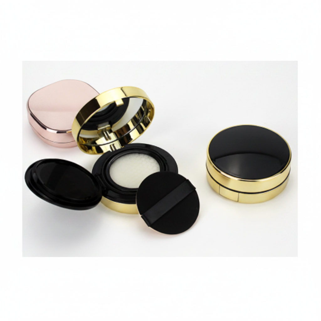 Rose gold and black gold cushion compact flat lay overhead view