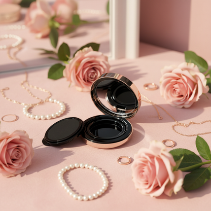 Round rose gold air cushion compact with pink roses feminine lifestyle scene