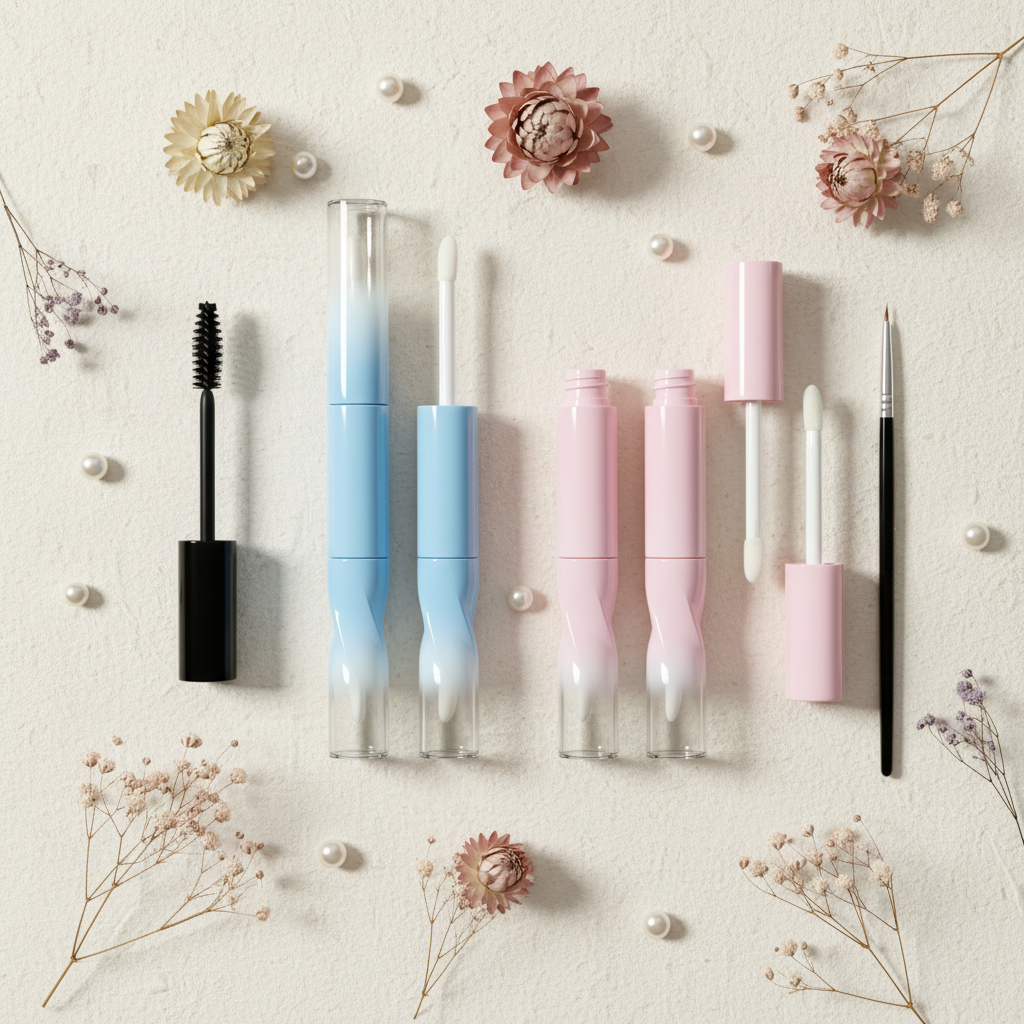 Dual-end cosmetic tubes flat lay with dried flowers overhead shot