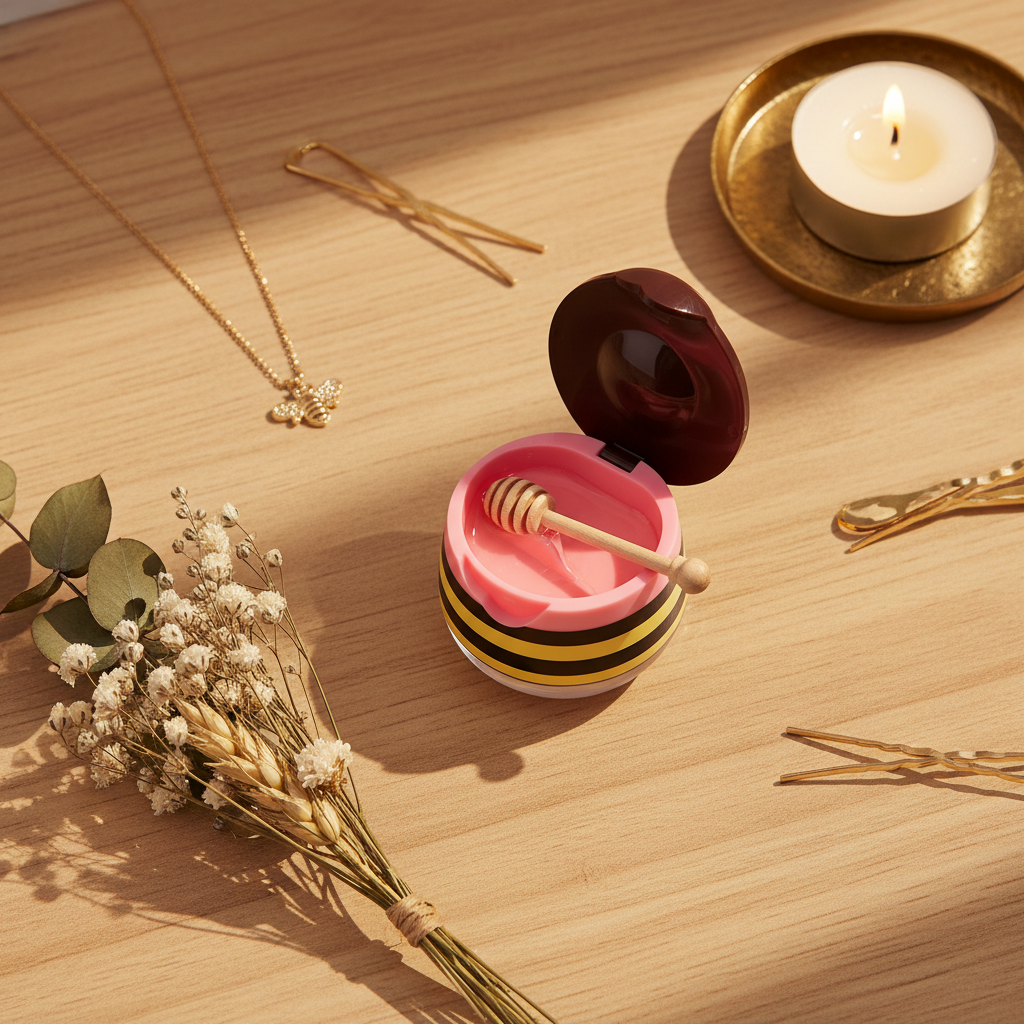 Honey bee lip gloss jar open lifestyle scene on wooden vanity