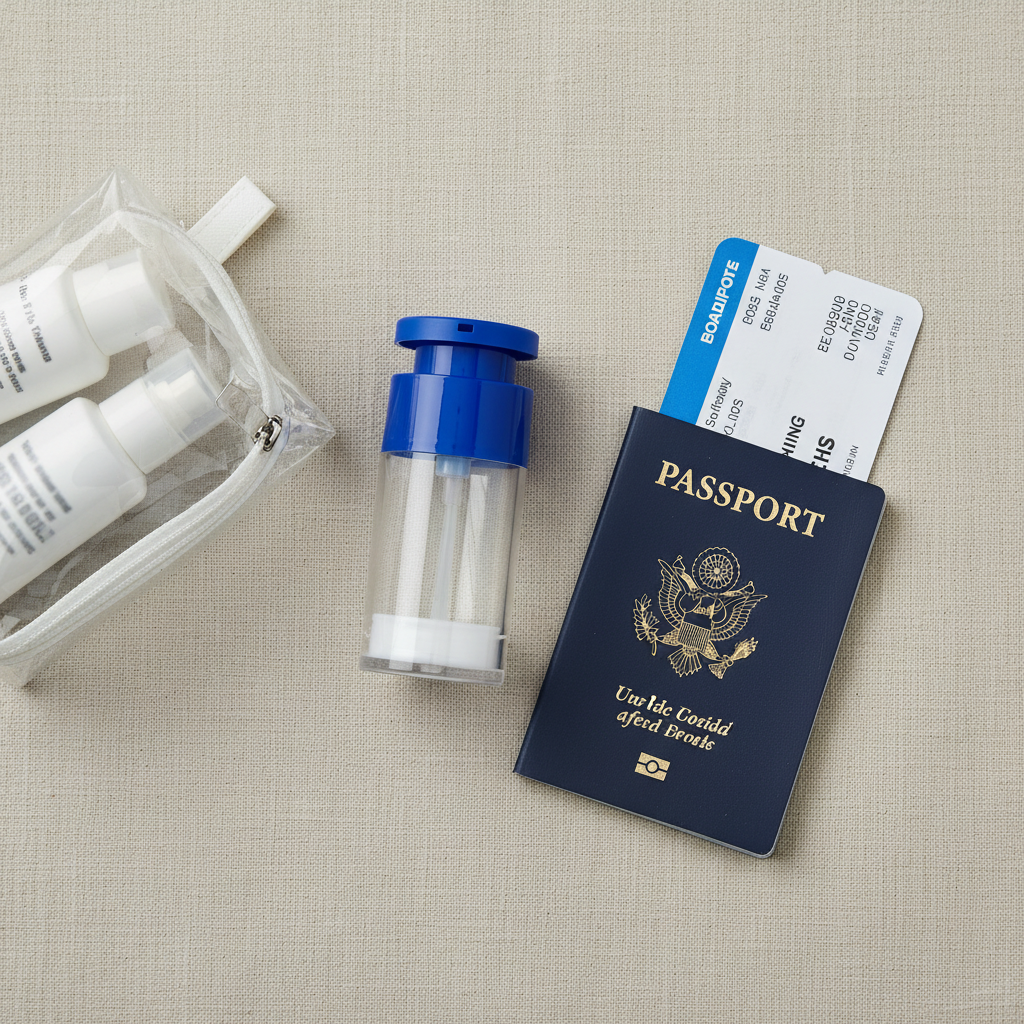 Airless pump bottle travel scene with passport and boarding pass
