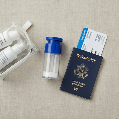 Airless pump bottle travel scene with passport and boarding pass