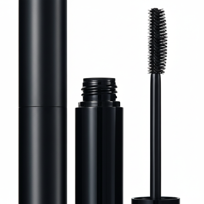 Round matte black mascara tube close-up macro detail shot matte surface