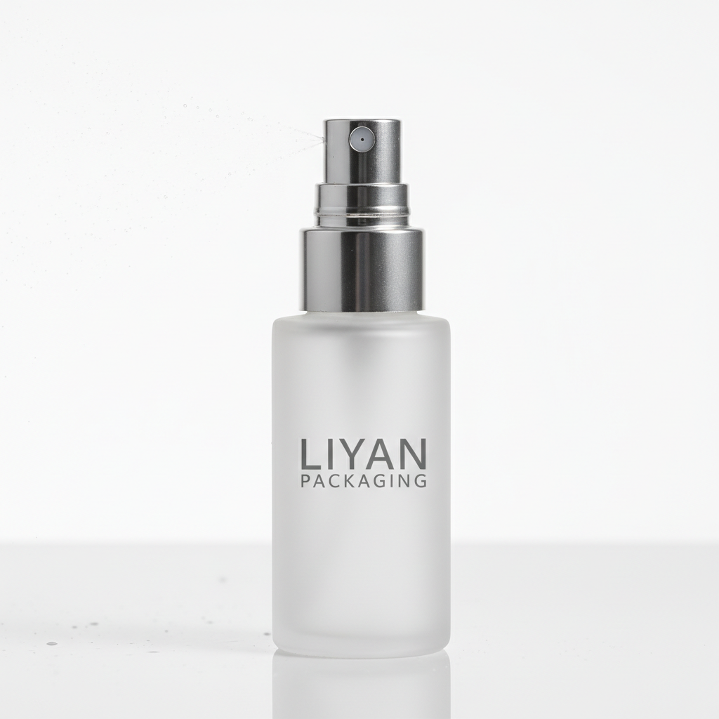 Close-up of silver fine mist pump nozzle on frosted spray bottle