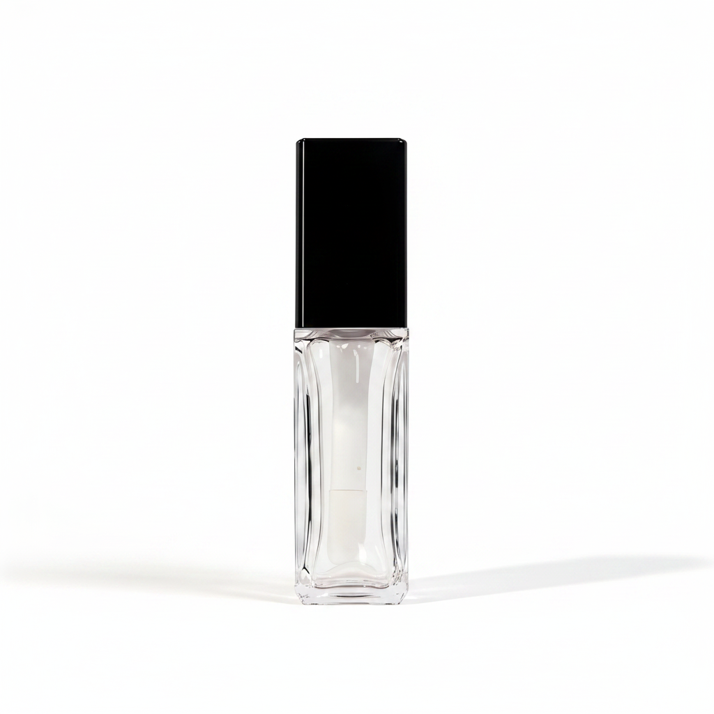 Square thick-wall clear lip gloss bottle with black cap white background hero shot