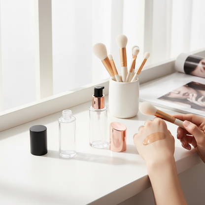 Clear faceted pump bottle lifestyle scene on white vanity with makeup brushes