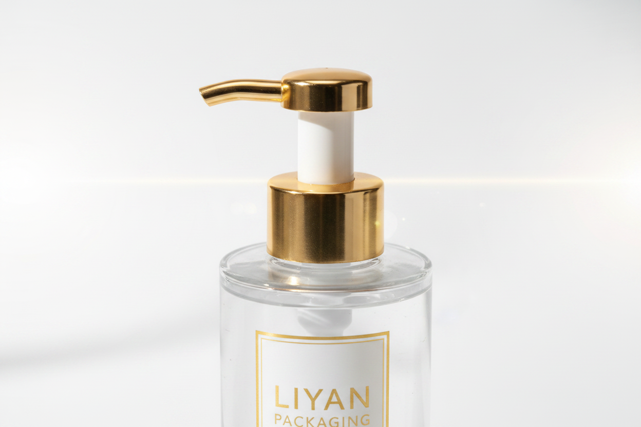 LIYAN Clear Glass Serum Bottle with Gold Pump - Detail Shot