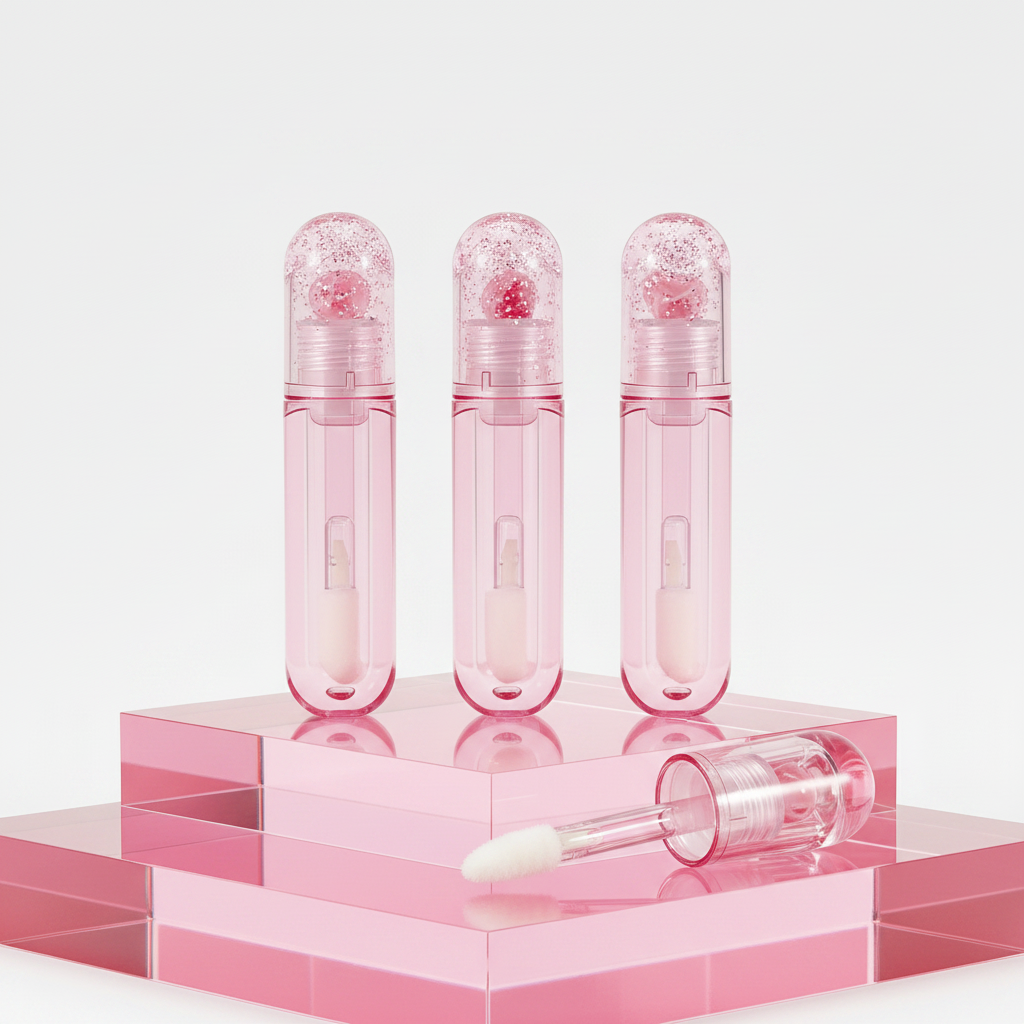 Multiple pink glitter heart lip gloss tubes on acrylic podium display