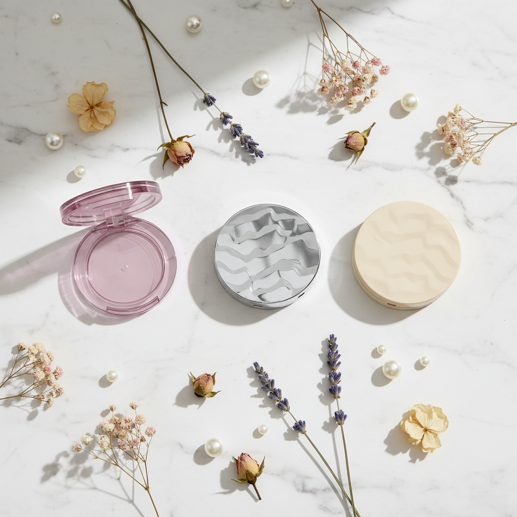 Three round wave-lid compacts in pink, silver and beige flatlay on white marble with flowers