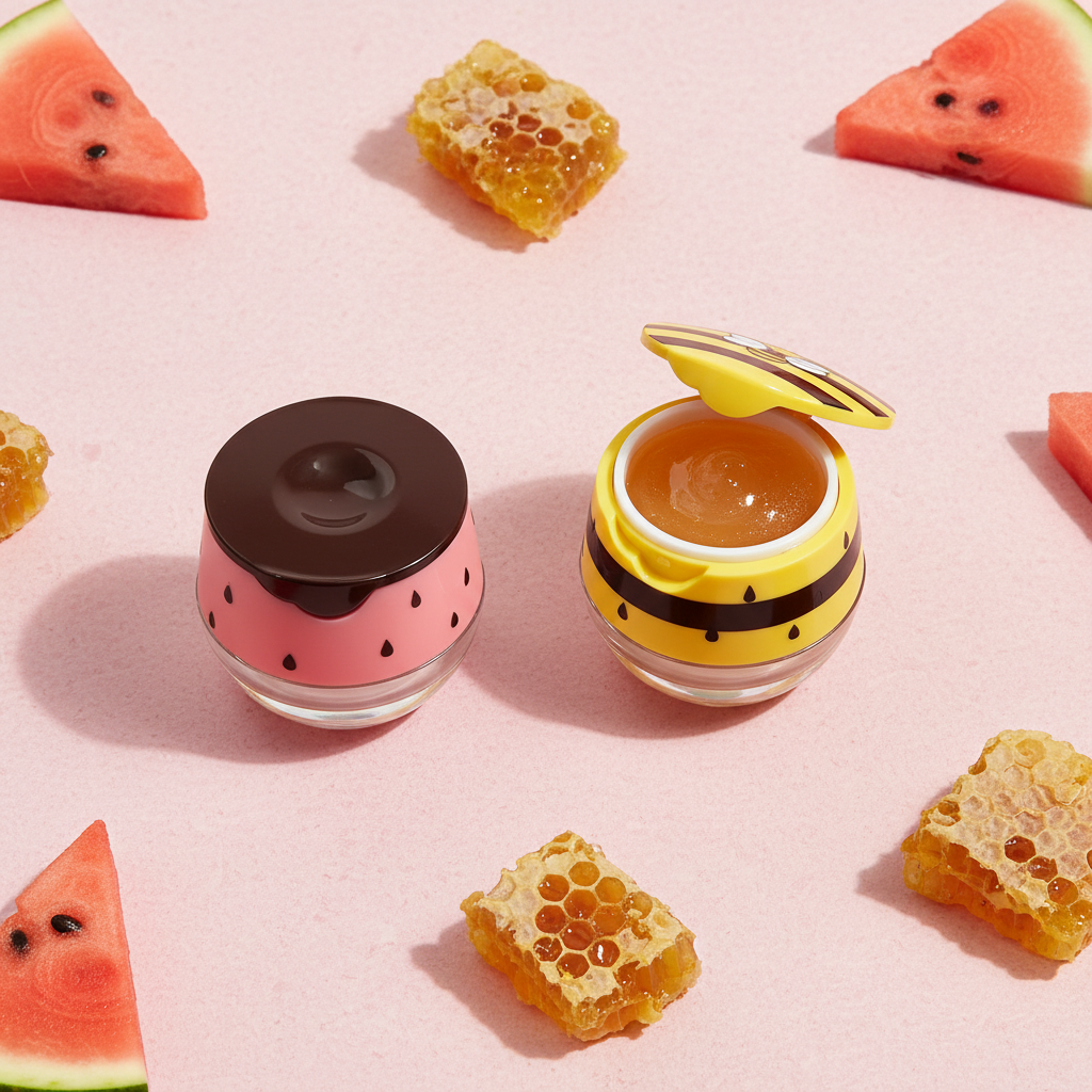 Watermelon and honey bee lip gloss jars flatlay with props
