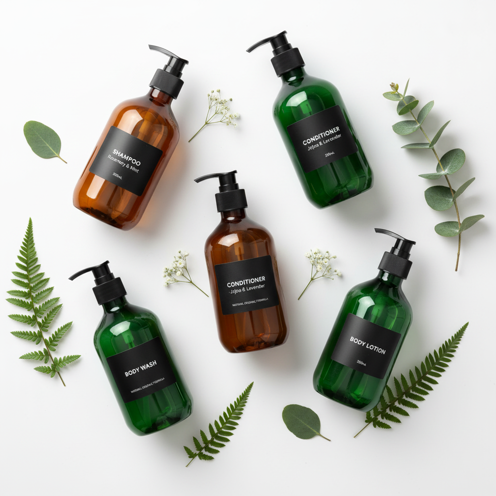 Amber and dark green PET bottles flat lay top-down with green leaves
