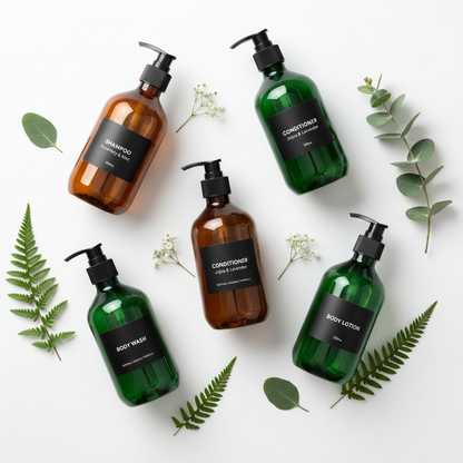 Amber and dark green PET bottles flat lay top-down with green leaves