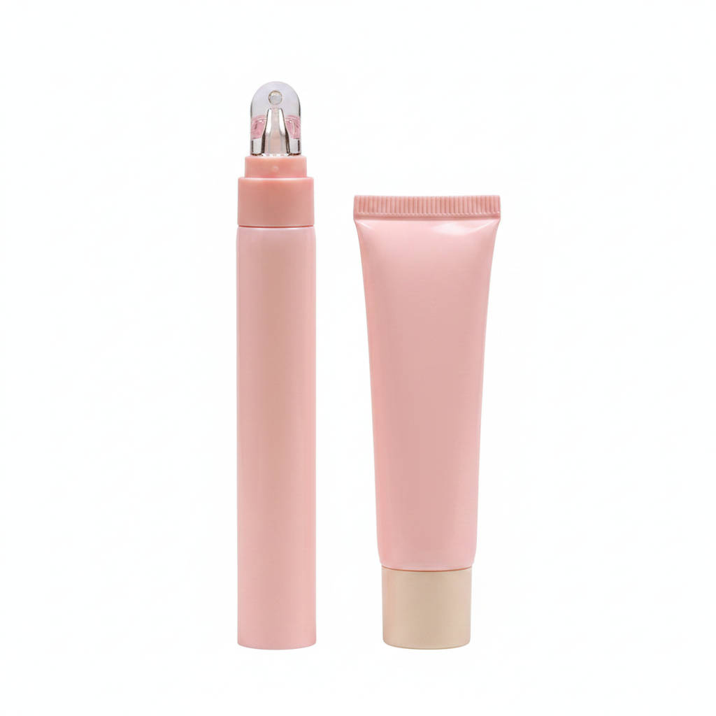 Pink eye cream roller pen tube front view white background