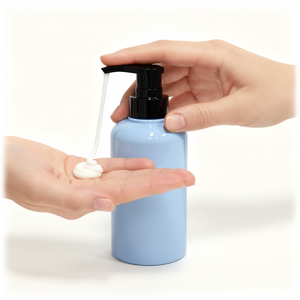 400ml Round Shoulder Lotion Pump Bottle - pump in-use close up