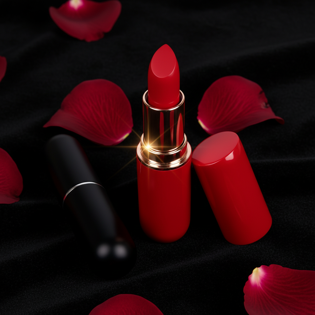 Lipstick tube on black velvet with rose petals