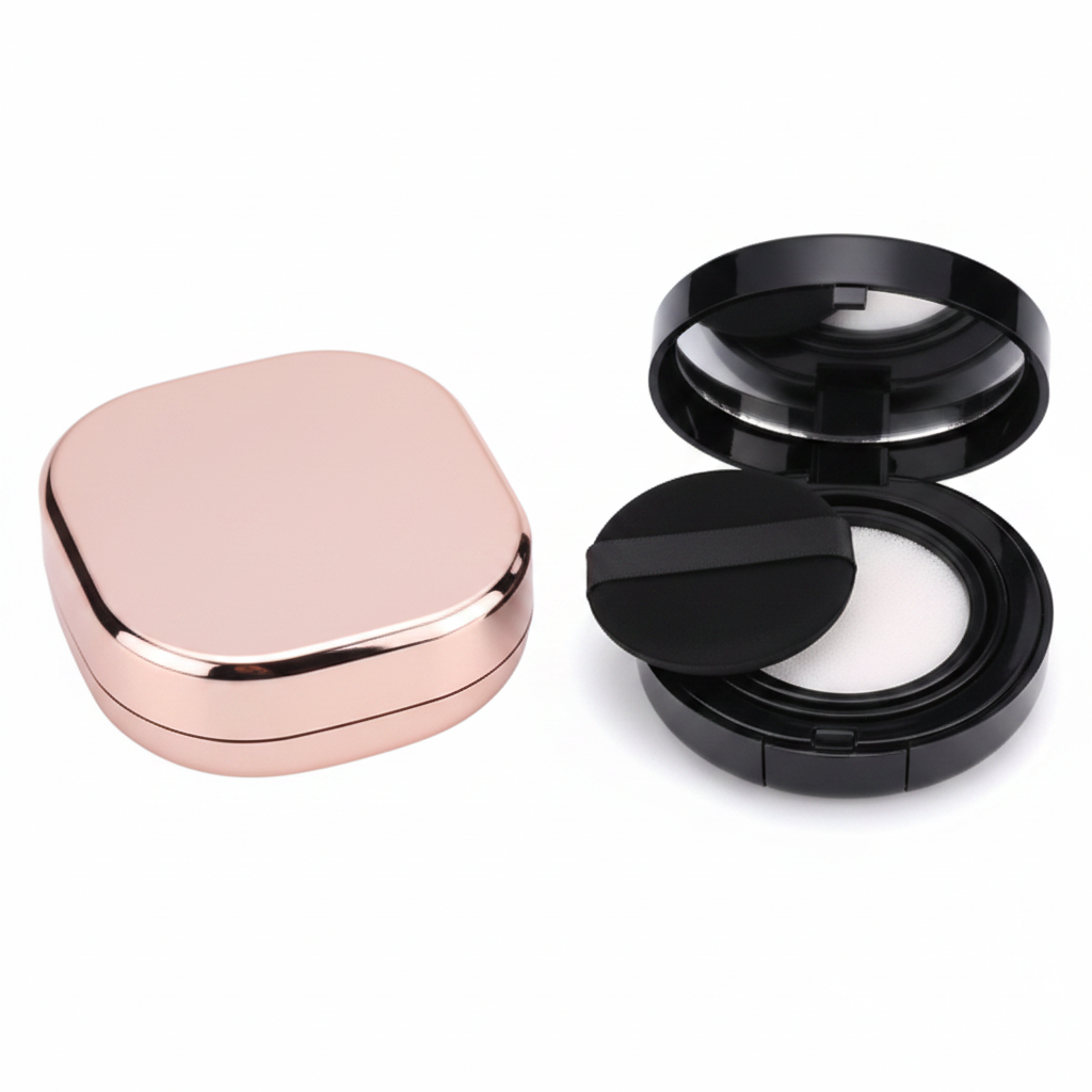 Rose gold square and black gold round cushion compact comparison view