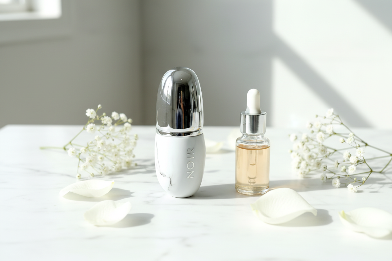 PP cosmetic pump dispenser on marble vanity with white flowers