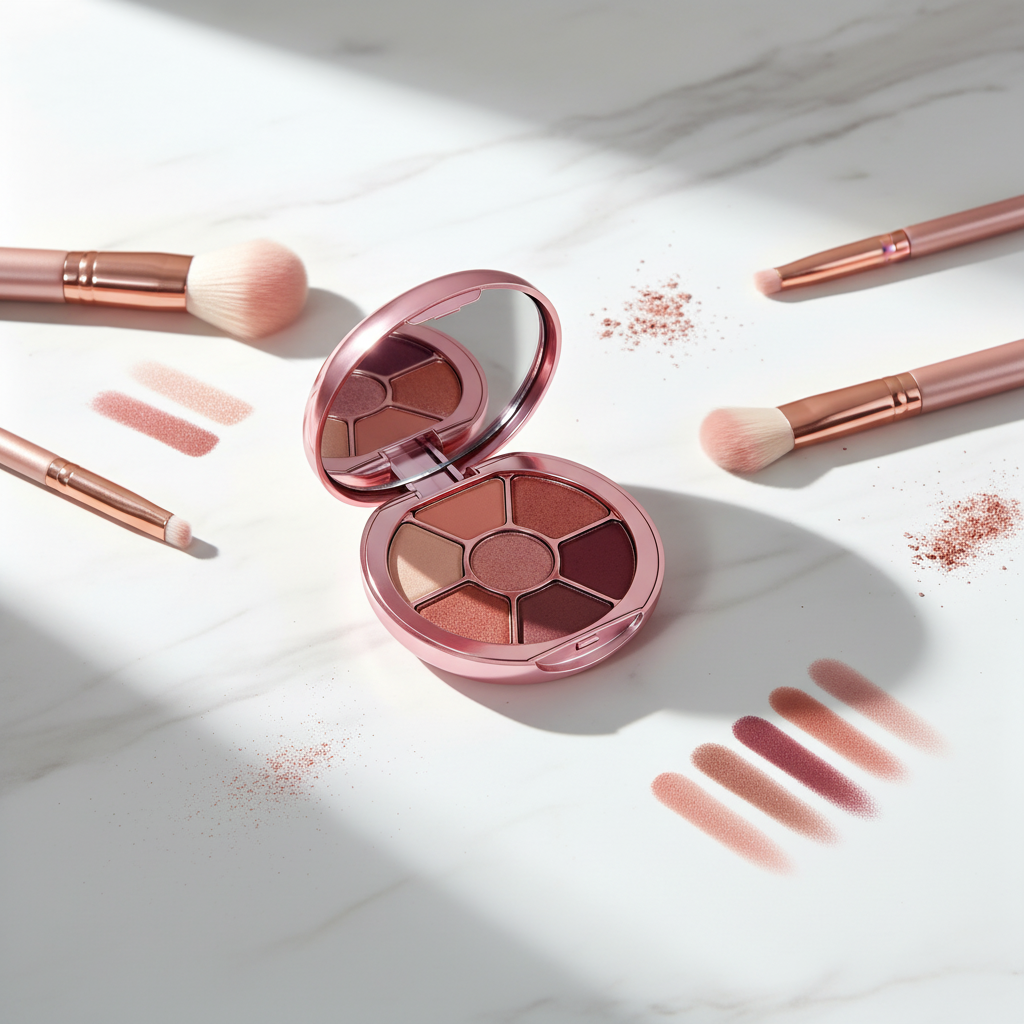Oval rose pink eyeshadow compact open on vanity table with makeup brushes