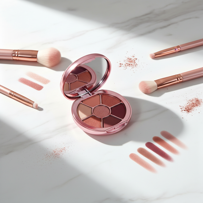 Oval rose pink eyeshadow compact open on vanity table with makeup brushes