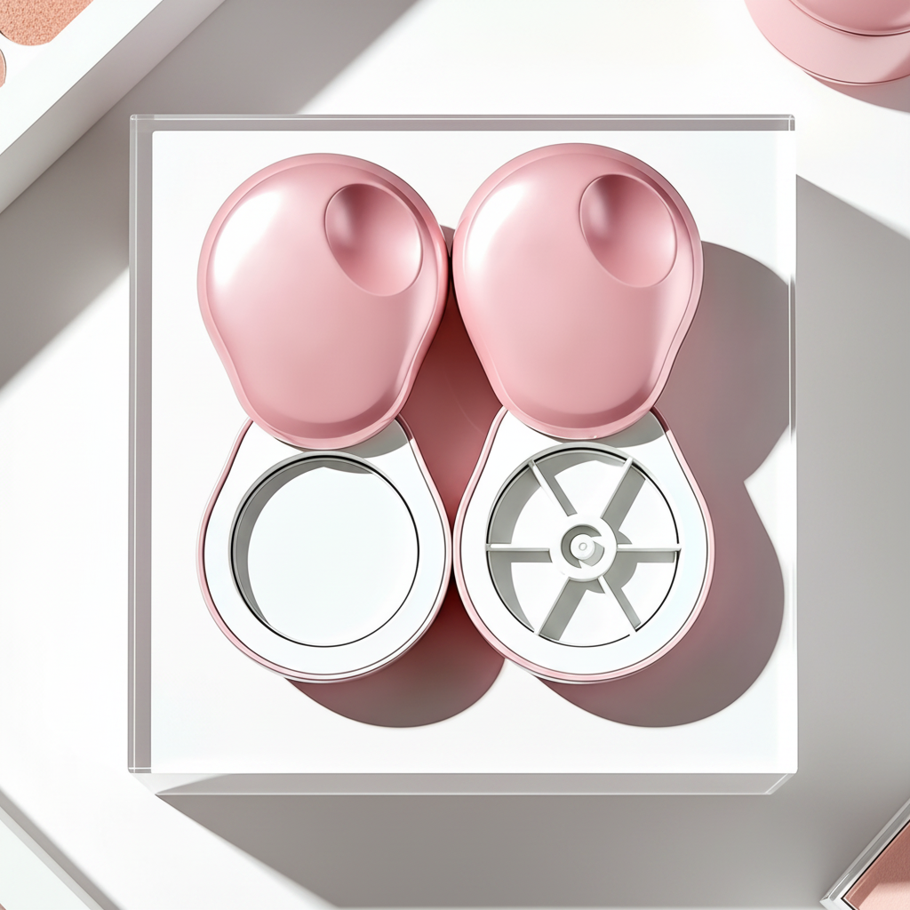 Two oval eyeshadow cases open on acrylic podium showing single pan and 5-pan rotating interior