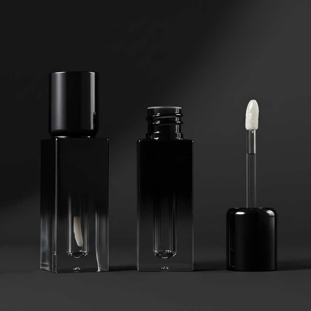 Gradient black square lip gloss tube open with doe-foot applicator close-up