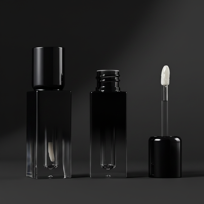 Gradient black square lip gloss tube open with doe-foot applicator close-up