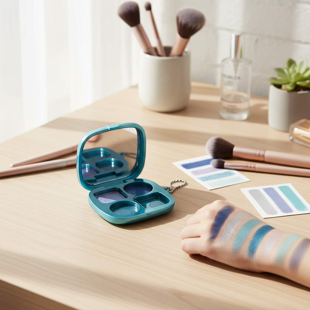 Square metallic eyeshadow palette case open on vanity table with makeup brushes