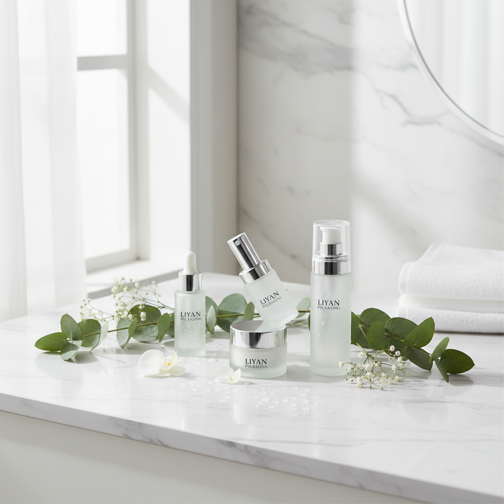 Luxury bathroom lifestyle scene with frosted glass skincare set