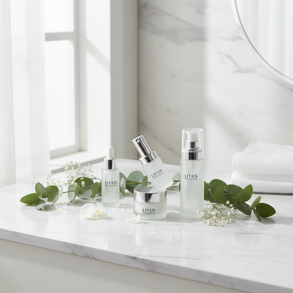 Luxury bathroom lifestyle scene with frosted glass skincare set