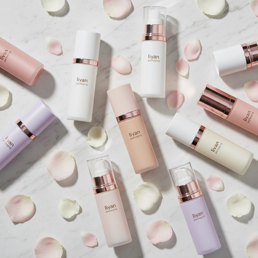 Multiple colored airless pump bottles arranged on marble with rose petals