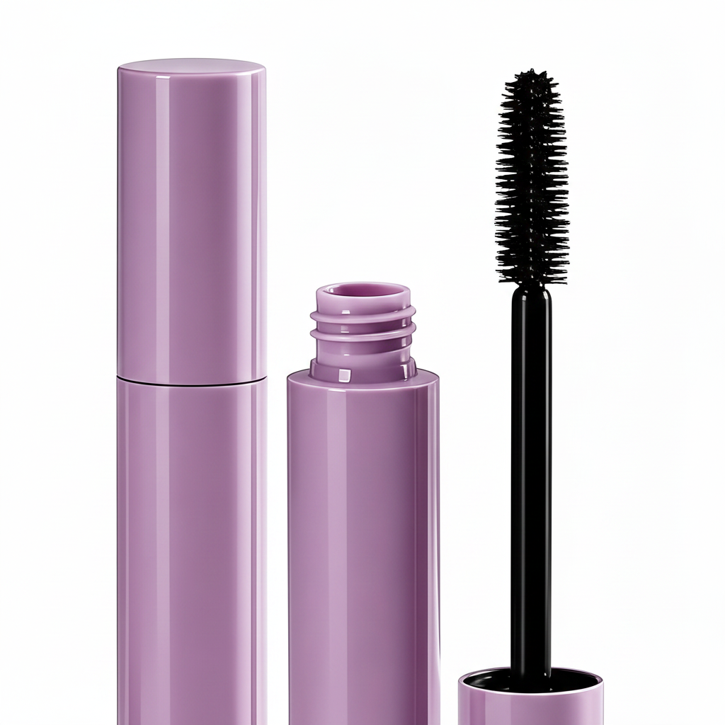 Round purple mascara tube close-up macro detail shot glossy surface