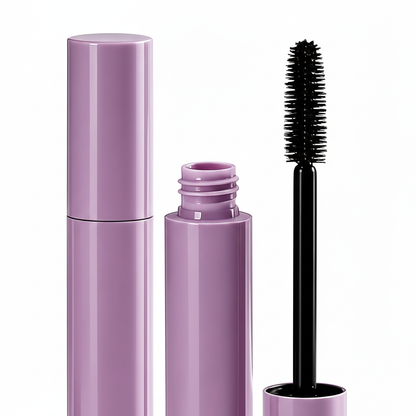 Round purple mascara tube close-up macro detail shot glossy surface