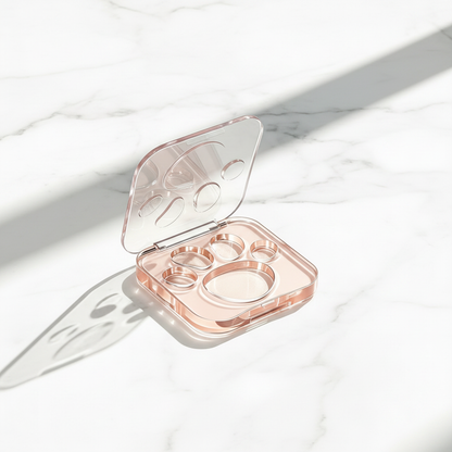 Square cat paw eyeshadow compact on white marble minimalist luxury scene