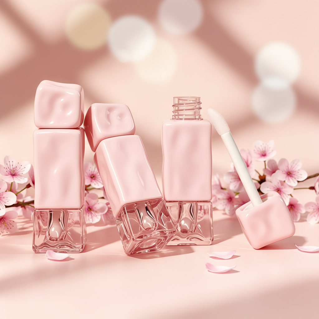 Square lip gloss tube with cherry blossoms feminine lifestyle scene