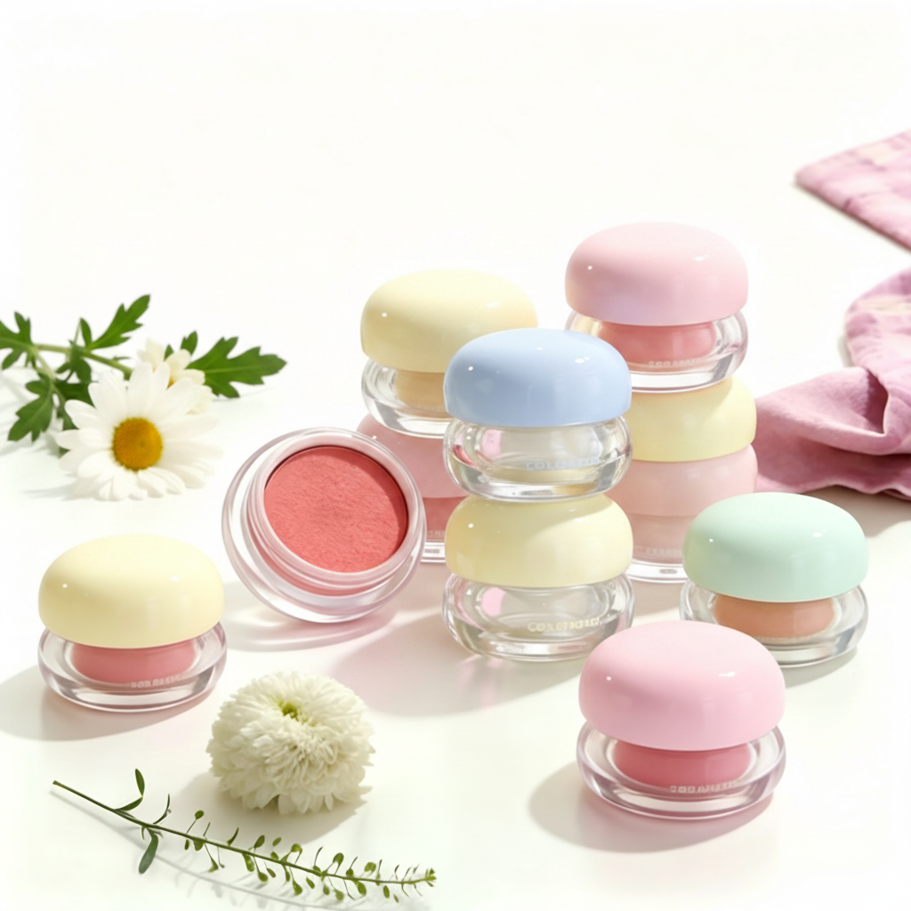Round mushroom cap lip mud jars with daisies kawaii lifestyle scene