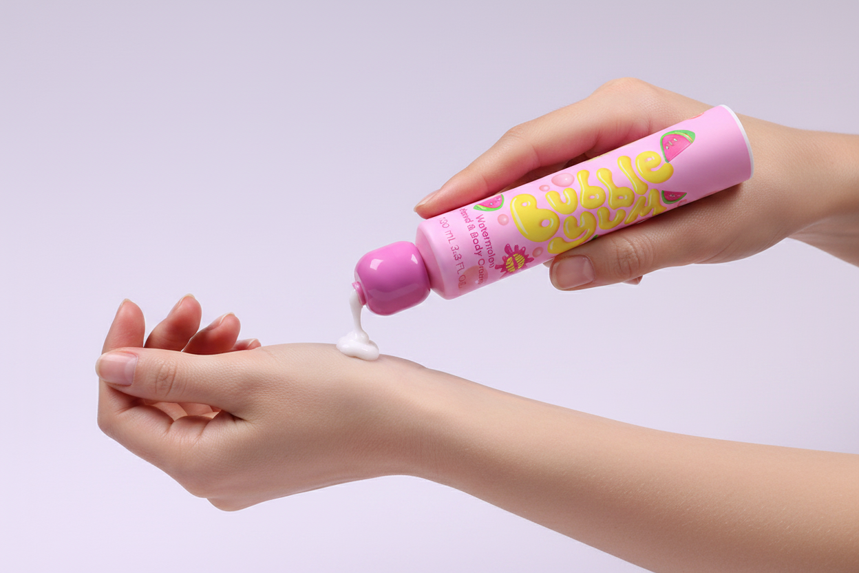 Hands squeezing pink fruit hand cream tube dispensing cream on white background