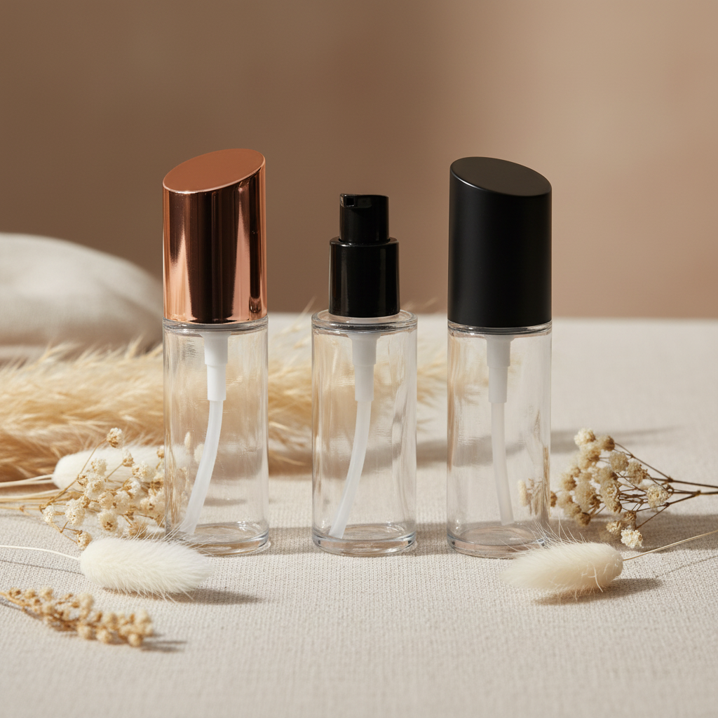 Three clear faceted pump bottles on beige linen with dried botanicals minimalist style