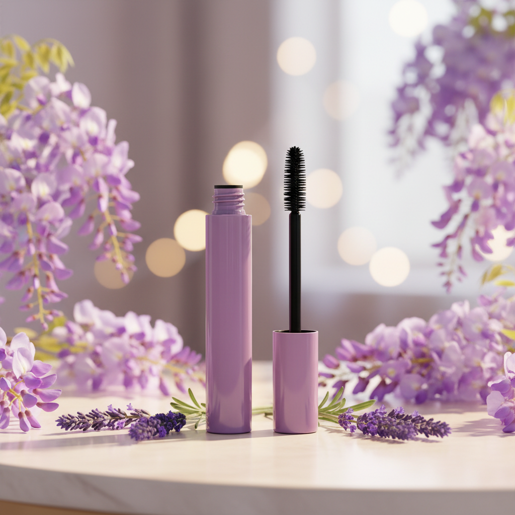 Round purple mascara tube with lavender flowers feminine lifestyle scene