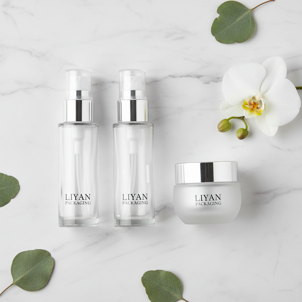 Glass skincare packaging set flat lay on marble