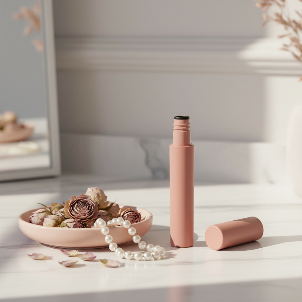 LYH005 lip gloss tube white marble vanity lifestyle scene with roses