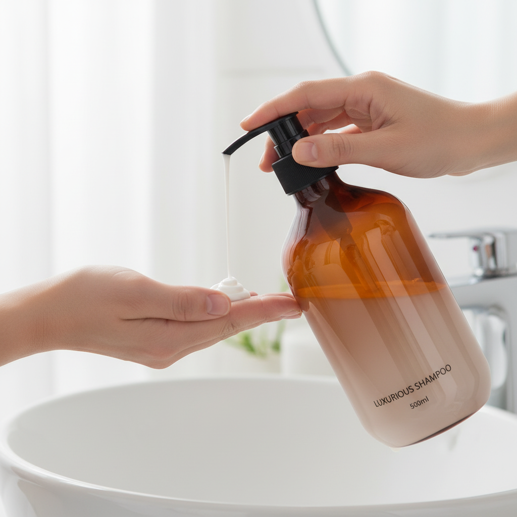 Hand pressing pump of amber PET bottle dispensing shampoo