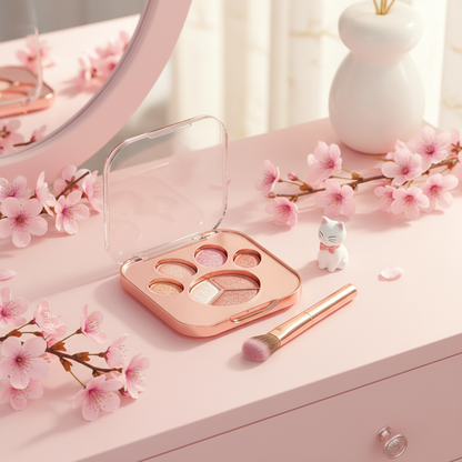 Square cat paw compact with cherry blossoms kawaii lifestyle scene
