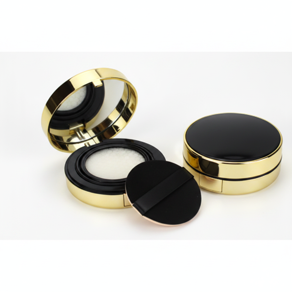 Black gold round cushion compact open showing mirror and velvet puff