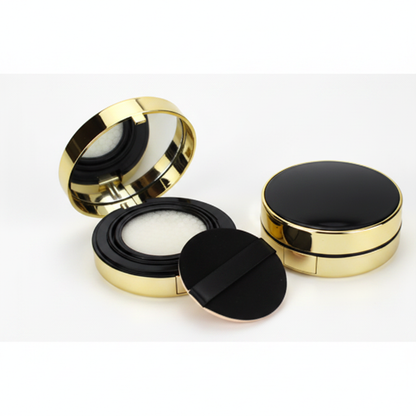 Black gold round cushion compact open showing mirror and velvet puff