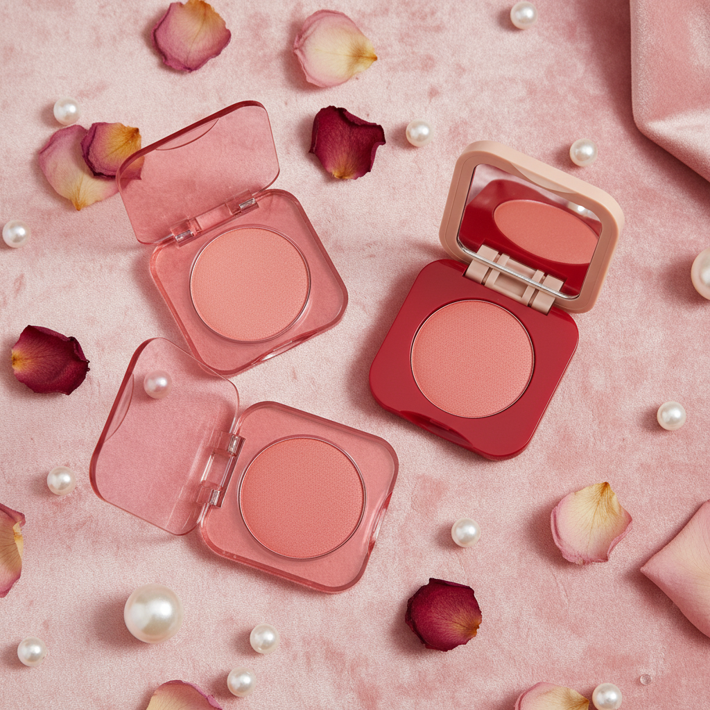 Pink and red square blush compacts flatlay on pink velvet with rose petals and pearls