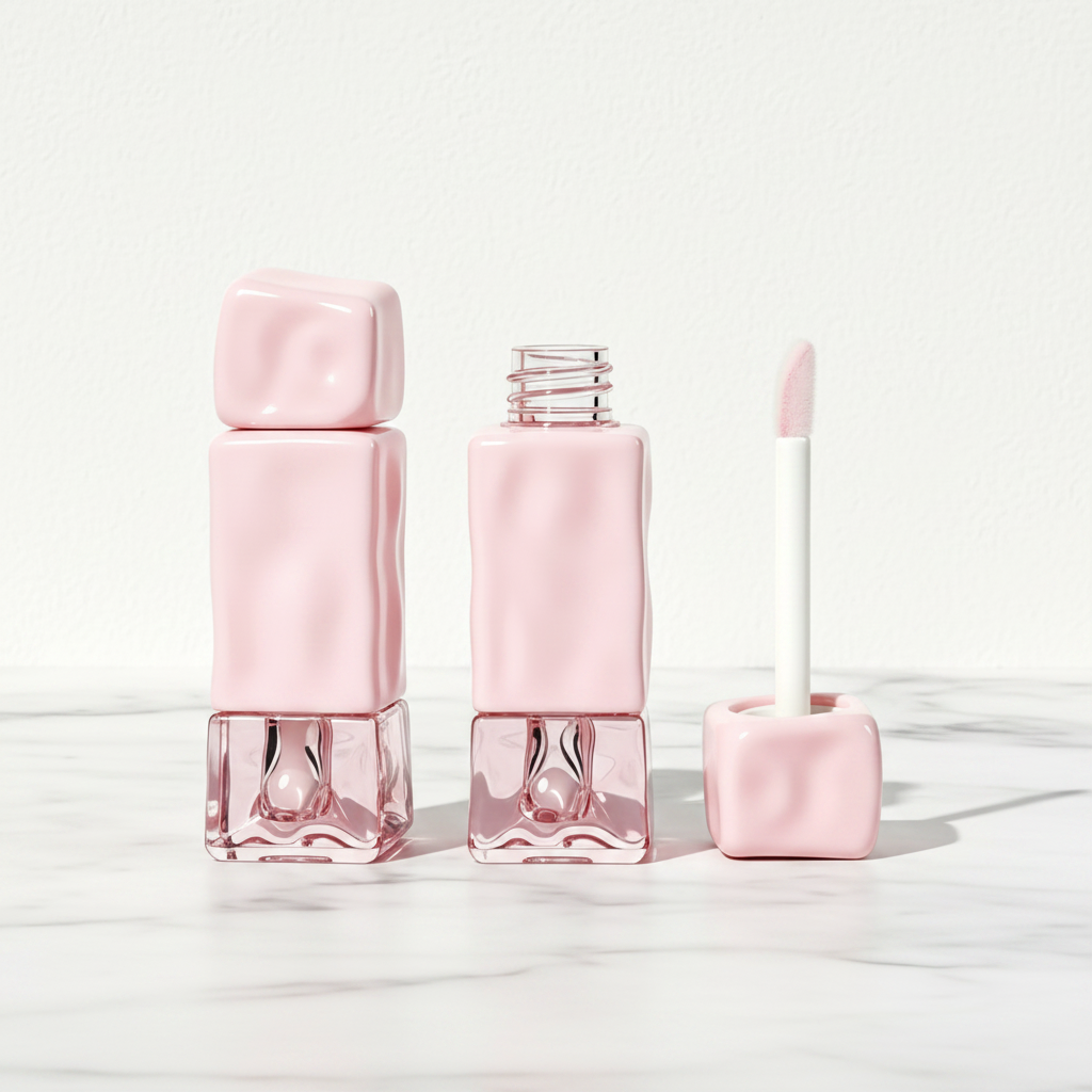 Square cloud texture lip gloss tube on white marble minimalist scene