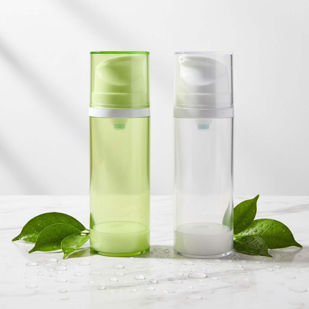 120ml airless pump bottle on marble surface with green leaves