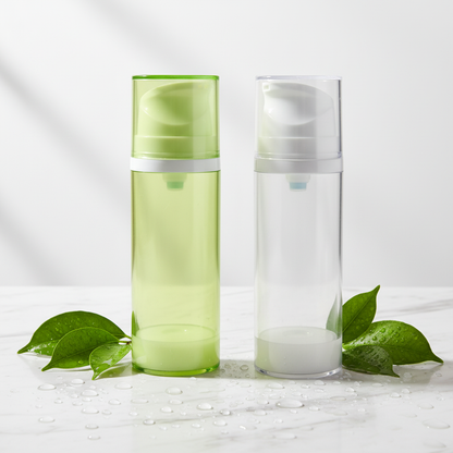120ml airless pump bottle on marble surface with green leaves