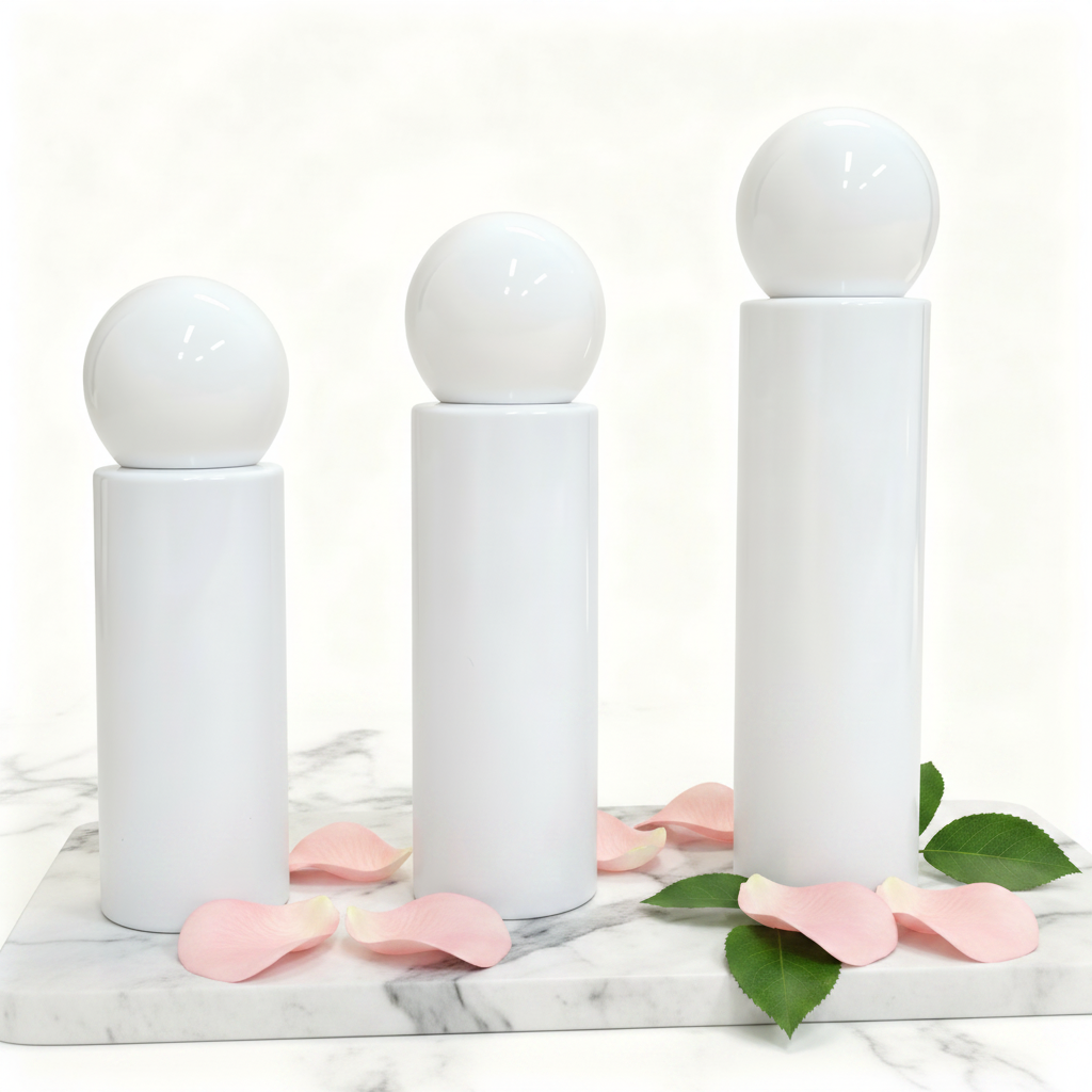 Three white ball cap pump bottles on marble with rose petals